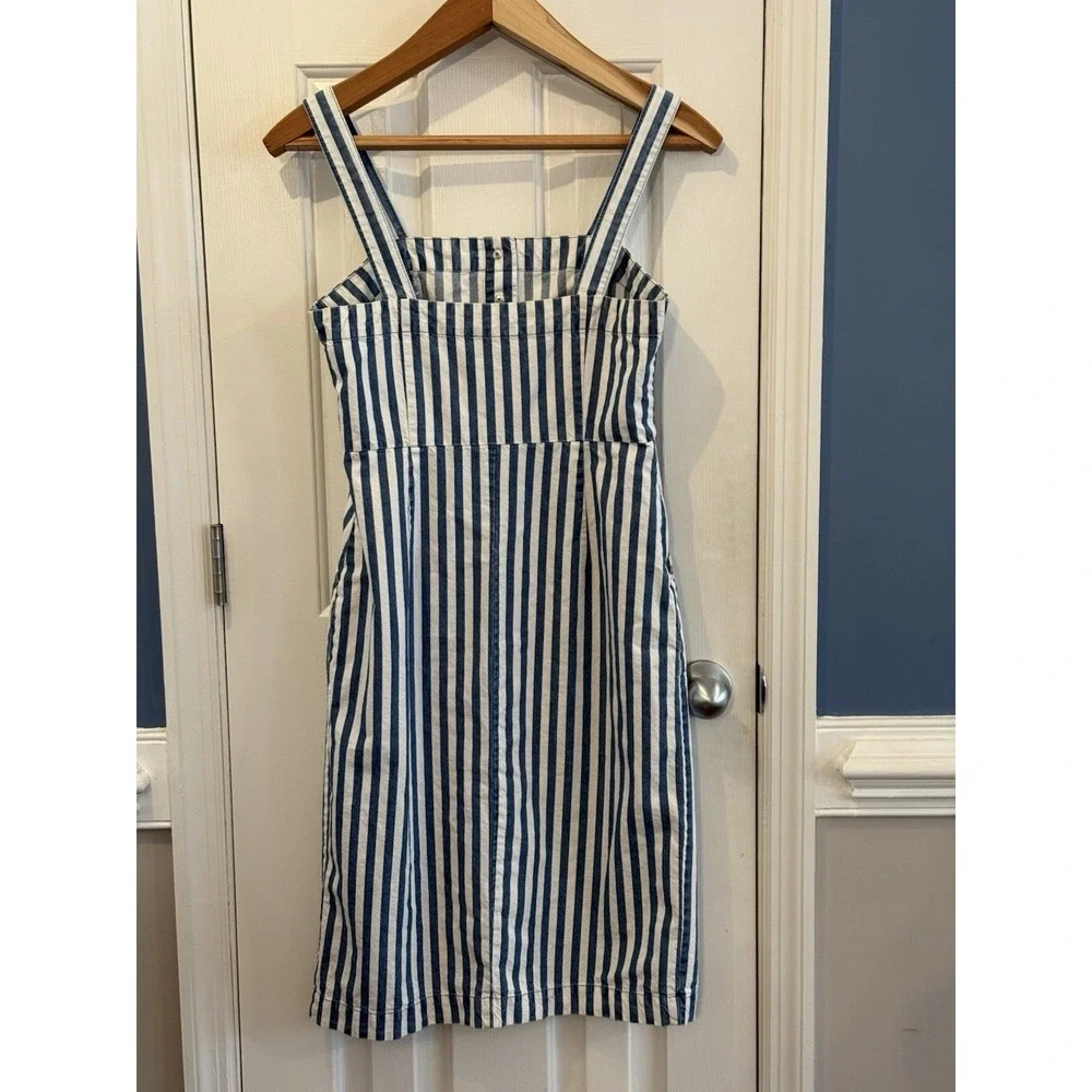 Blue L Stripe Jumper Dress Modest Pockets 100% Cotton Overalls Casual Classic‎